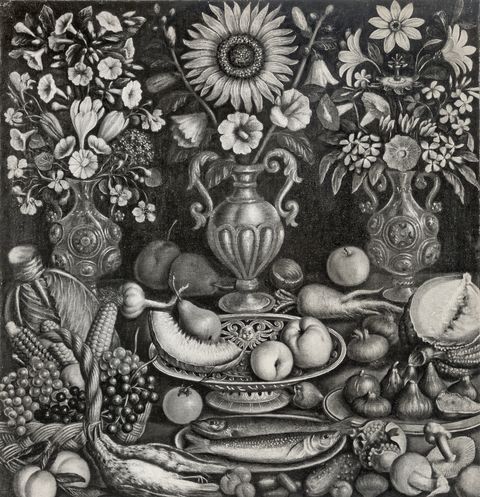 Anonimo — Anonimo lombardo sec. XVII - Natura morta con vasi di fiori, pesci, selvaggina, funghi e frutta — insieme